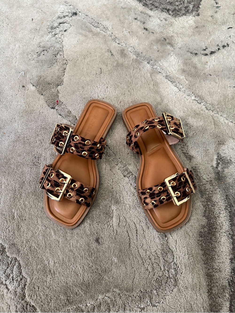 Wild Diva Leopard-Print Double Buckle Slide Sandals in Brown and Gold